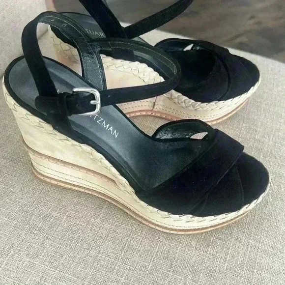 Stewart Weitzman, black and cream suede wedge sandals - Picture 2 of 6